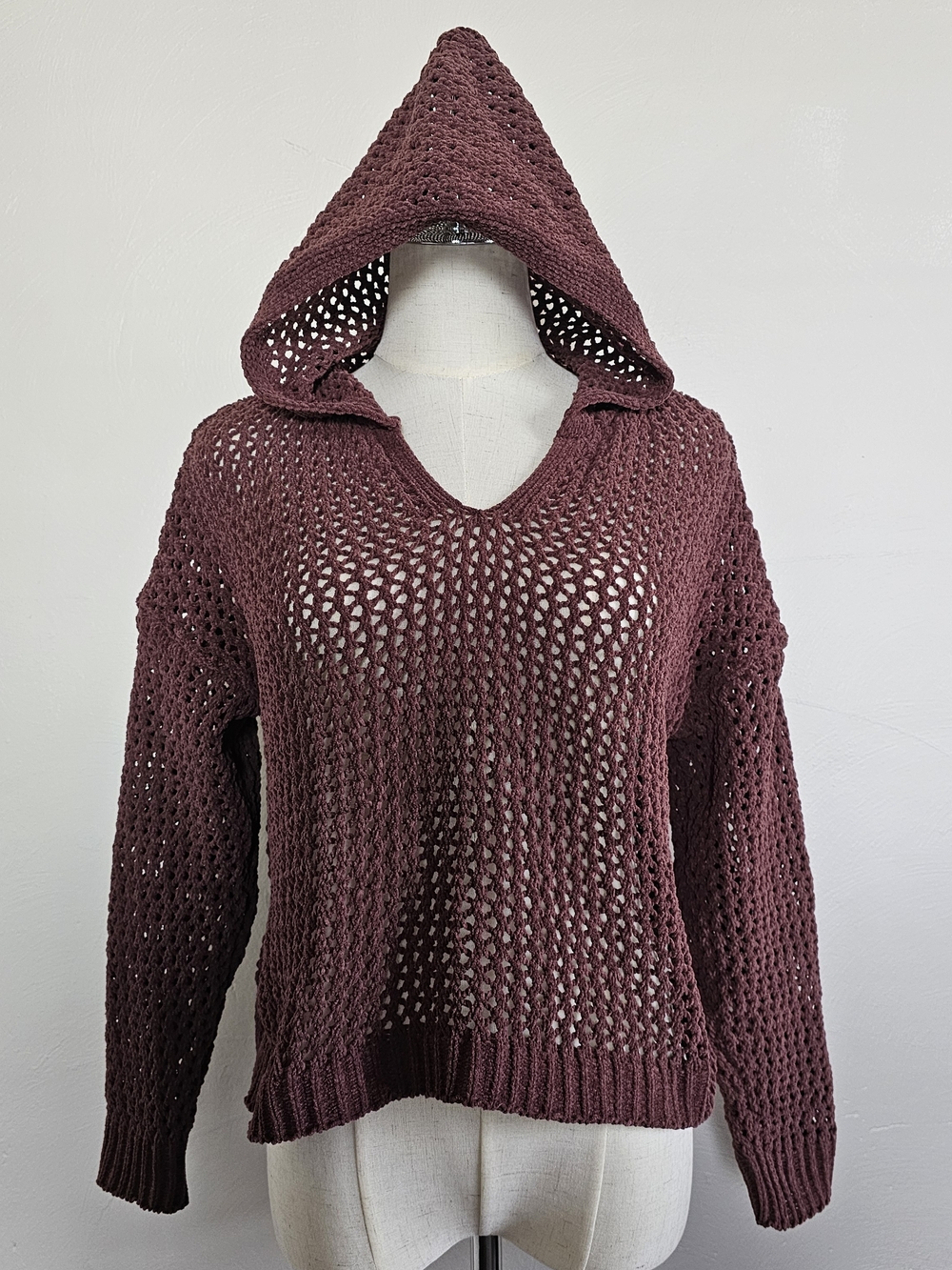 Maurices Hooded Open-Knit Sweater in Burgundy L